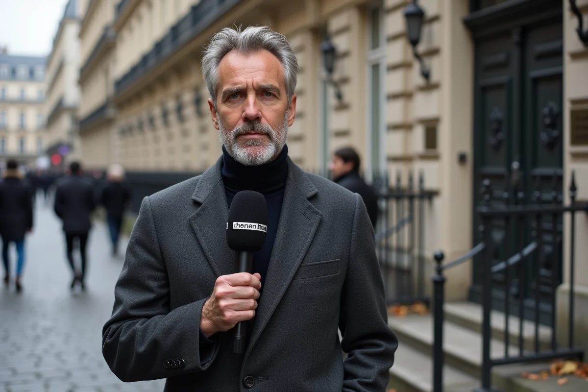 Journaliste célèbre de la télévision française en reportage en direct devant un bâtiment officiel parisien, micro en main, tournage en extérieur lors d'un journal télévisé