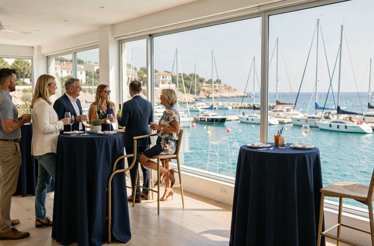 Espace événementiel Le Riviera dans le Var avec vue panoramique sur le port de plaisance méditerranéen
