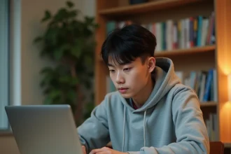 Jeune homme lisant des mangas en ligne sur un ordinateur portable dans sa chambre