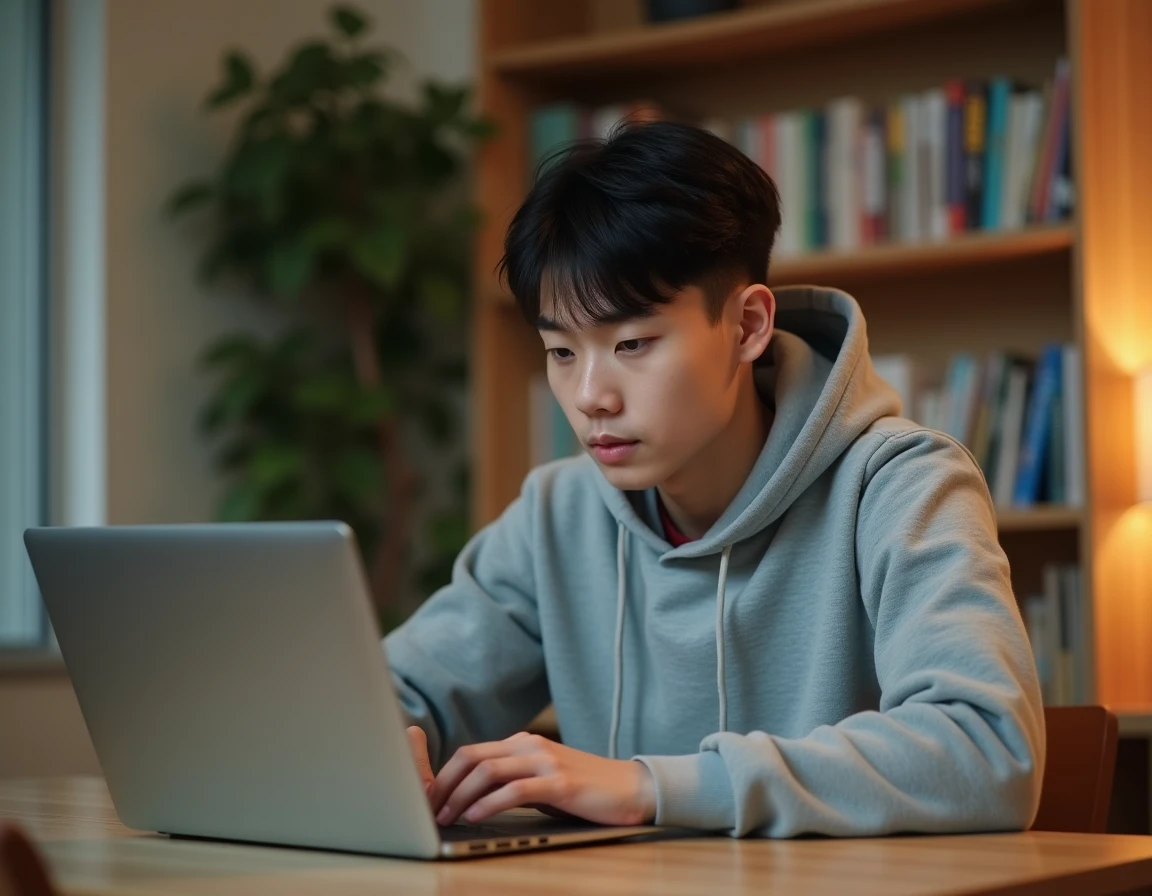 Jeune homme lisant des mangas en ligne sur un ordinateur portable dans sa chambre
