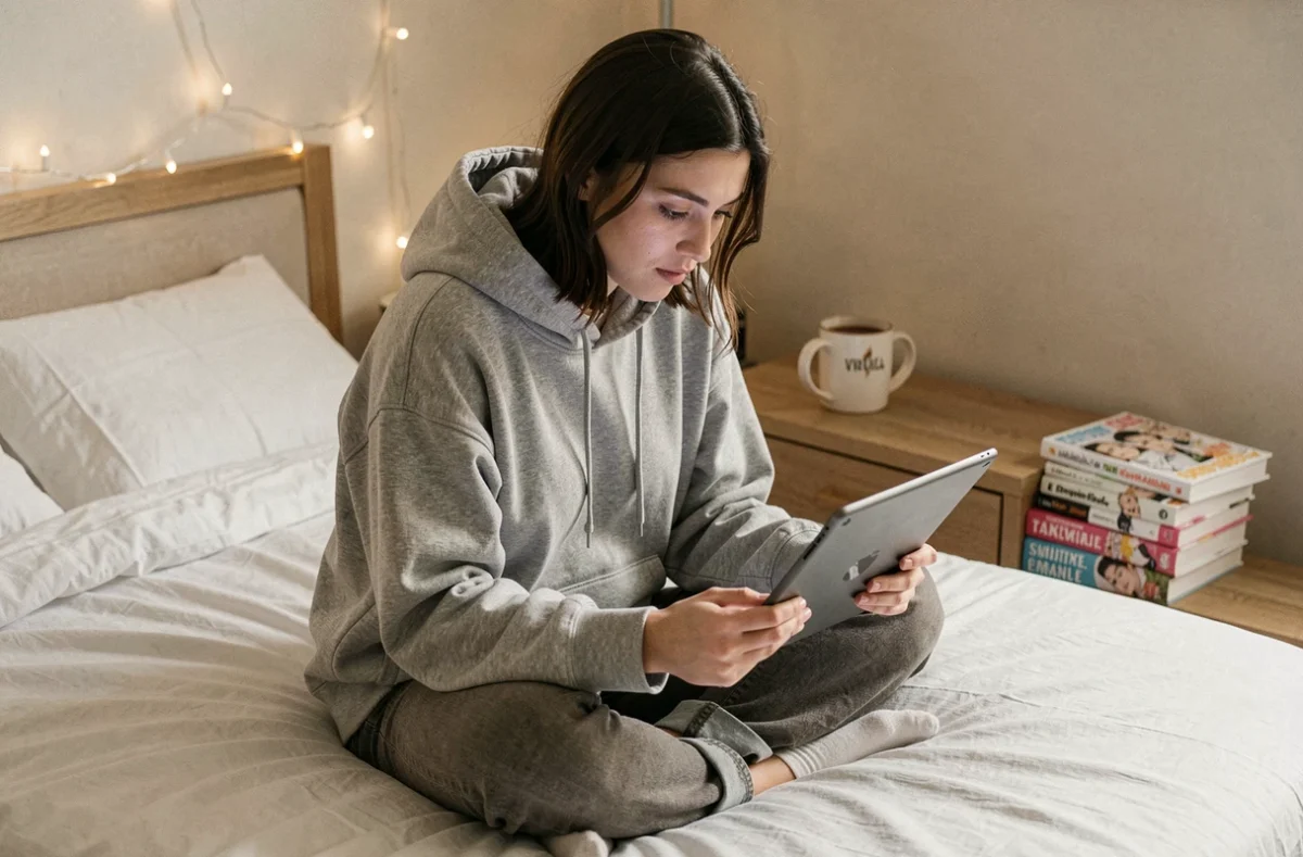 Jeune femme lisant un manga en ligne sur une tablette dans sa chambre cosy le soir