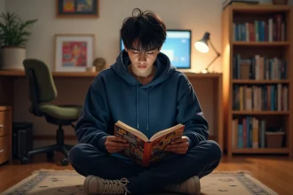 Jeune homme lisant un manga One Piece dans sa chambre entourée de volumes de mangas sur des étagères