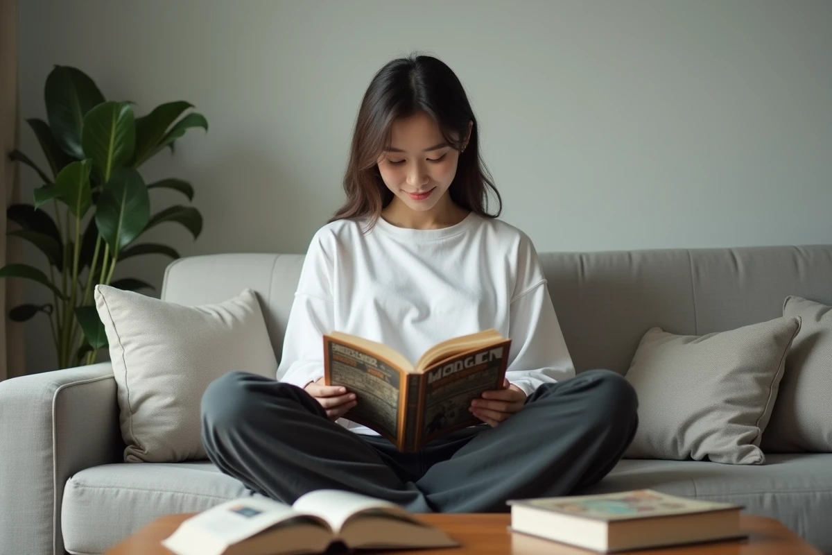 Jeune femme lisant un tome de manga One Punch Man sur un canapé gris dans un salon décoré d'autres volumes de manga