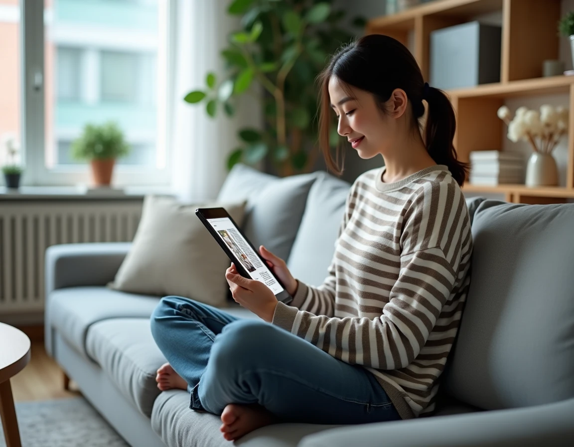 Jeune femme lisant un manga sur tablette assise sur un canapé dans un salon moderne