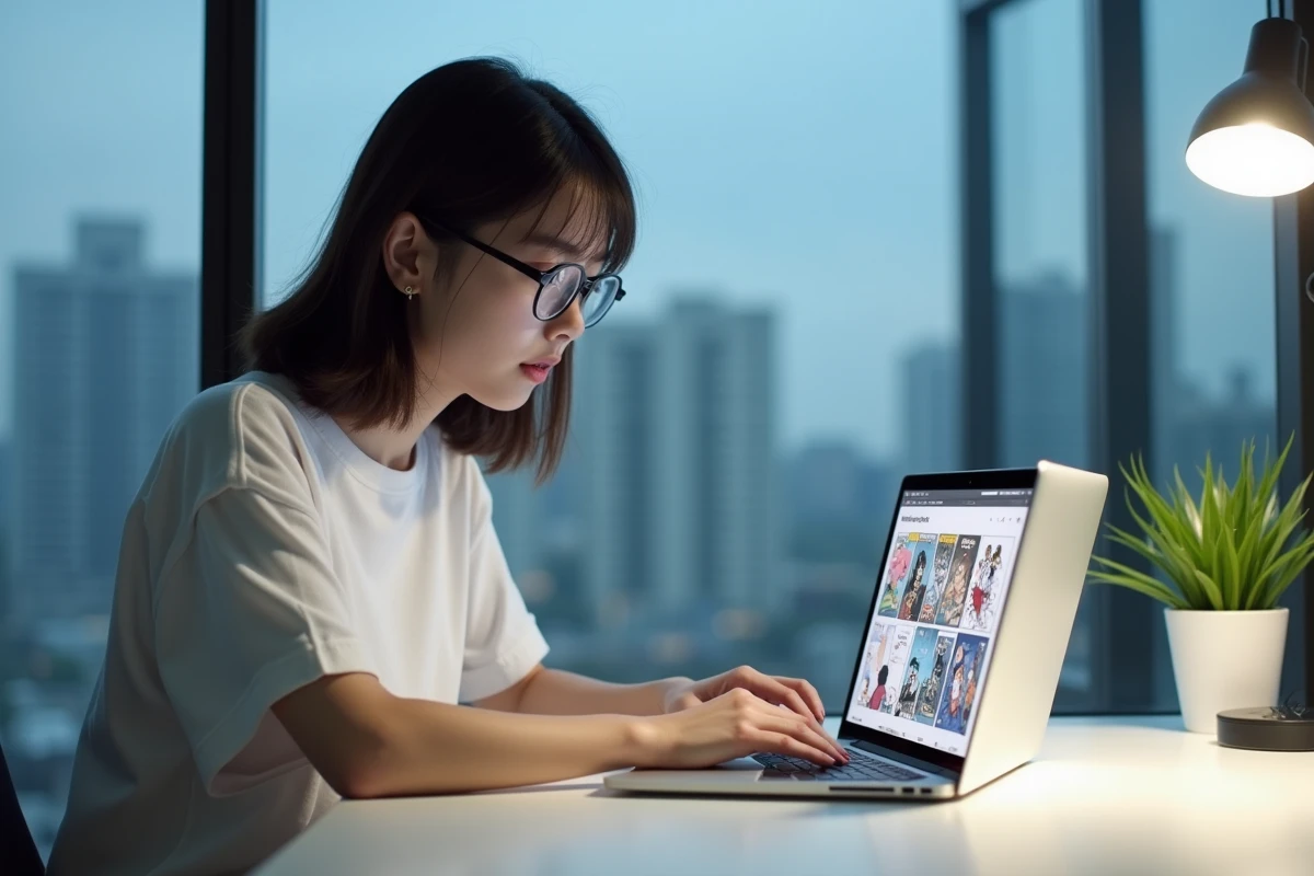 Jeune femme consultant un site de lecture de manga en ligne sur son ordinateur portable depuis son bureau