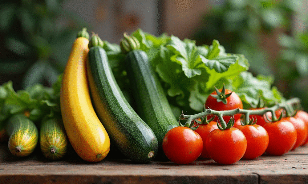 Groupe de courgettes et tomates sur table en bois