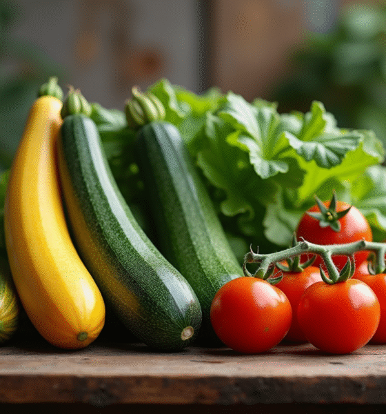 Groupe de courgettes et tomates sur table en bois