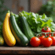 Groupe de courgettes et tomates sur table en bois