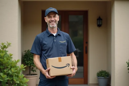Livreur Amazon en uniforme tenant un colis devant la porte d'une maison pavillonnaire française