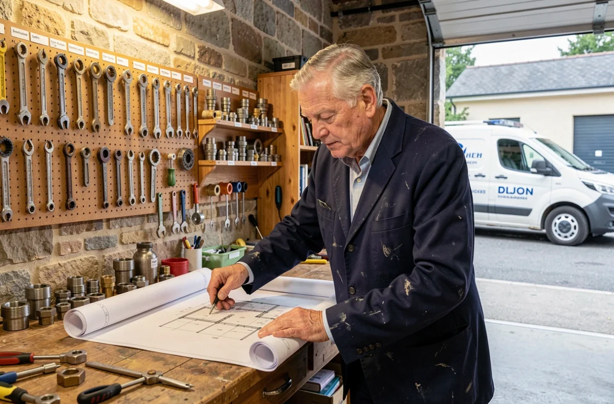 Un maître plombier de Lucotte Eteb SARL étudiant des plans de plomberie dans un atelier dijonnais artisanal avec des outils organisés et un véhicule de service visible