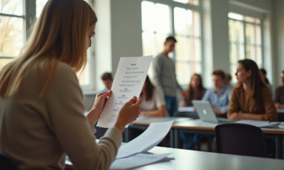 Salle de classe au lycée avec un élève montrant une copie notée 11 sur 20
