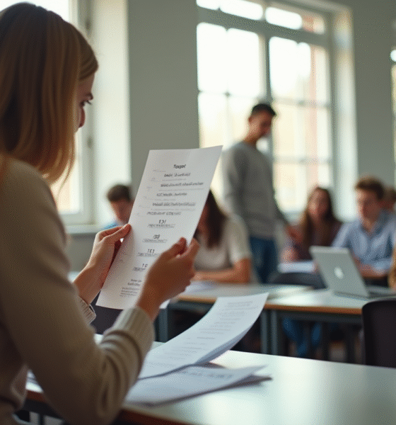Salle de classe au lycée avec un élève montrant une copie notée 11 sur 20