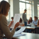 Salle de classe au lycée avec un élève montrant une copie notée 11 sur 20