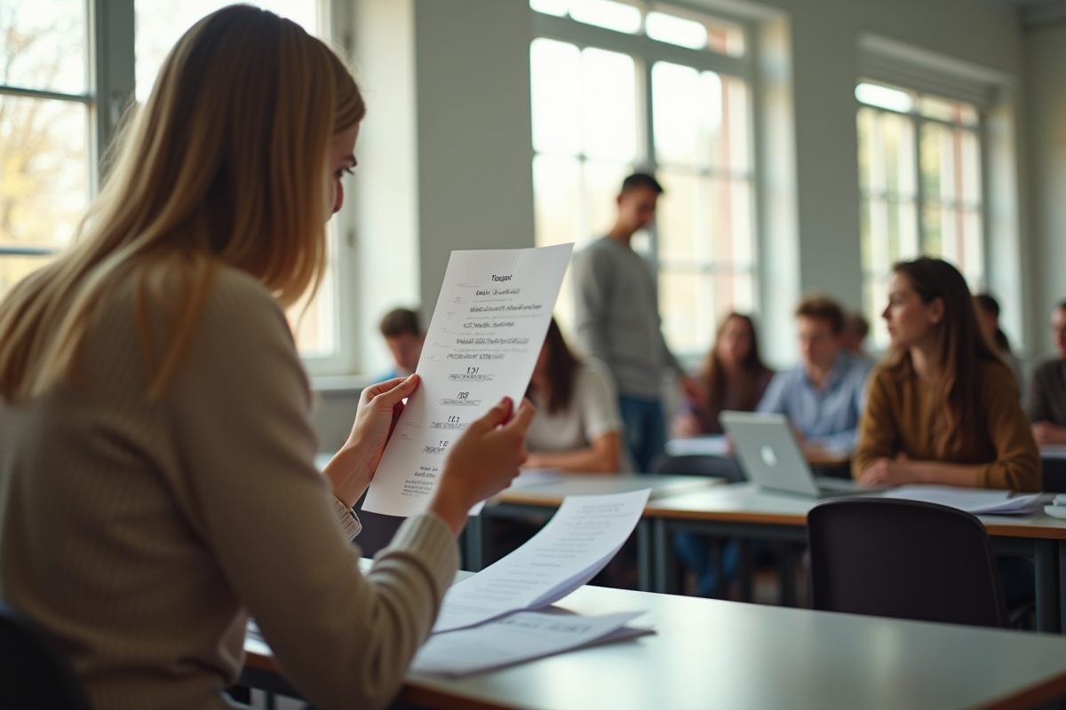 Salle de classe au lycée avec un élève montrant une copie notée 11 sur 20