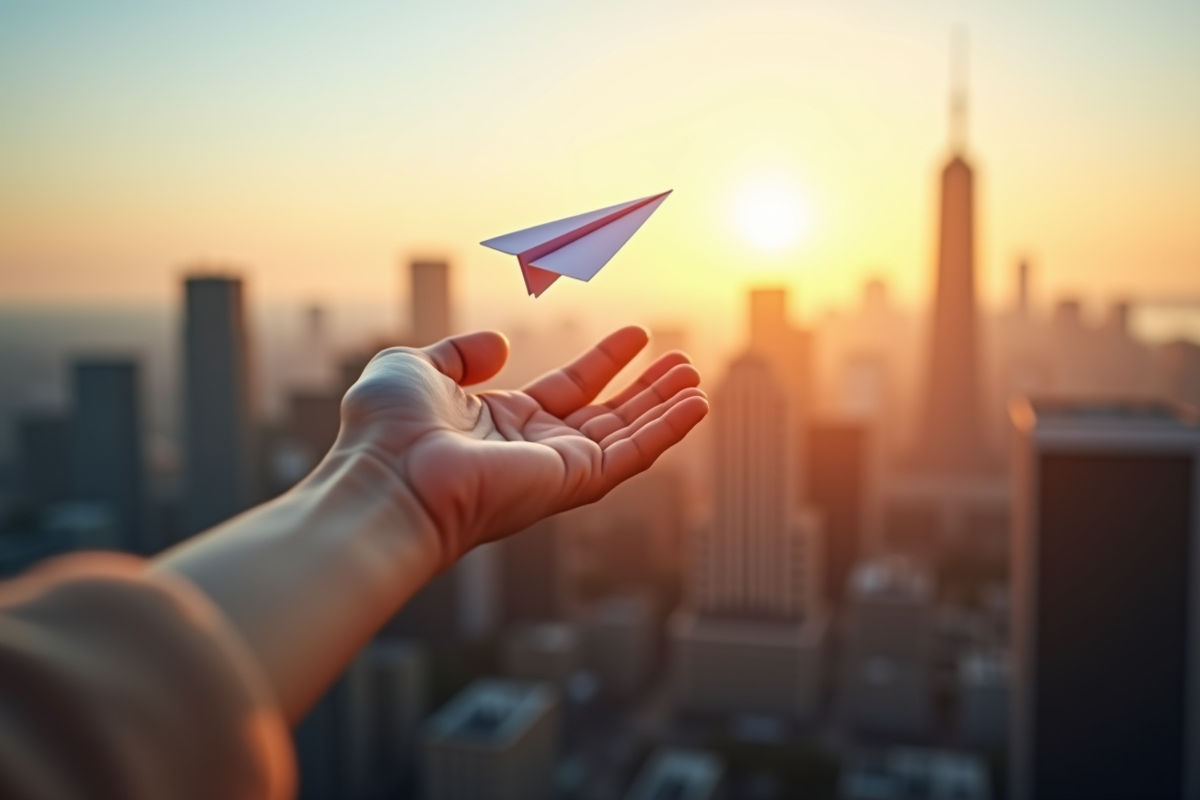 Main tendue avec un avion en papier symbolisant un nouveau départ