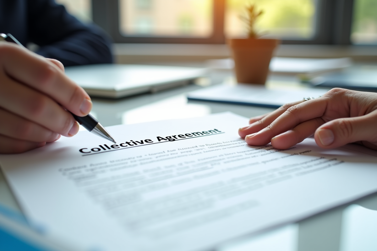 Mains soulignant un document intitulé Accord Collectif