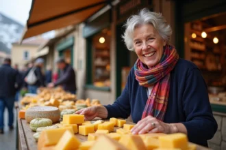 Femme souriante choisissant des fromages au marché
