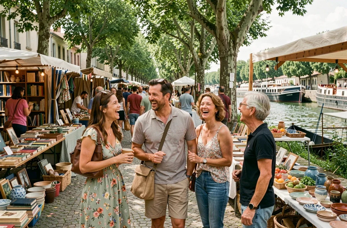 Groupe d'amis explorant un marché artisanal insolite au bord du Canal du Midi à Toulouse