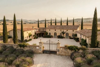Vue d'ensemble d'un domaine événementiel provençal entouré de lavande et de cyprès en Provence-Alpes-Côte d'Azur