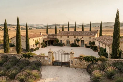 Vue d'ensemble d'un domaine événementiel provençal entouré de lavande et de cyprès en Provence-Alpes-Côte d'Azur