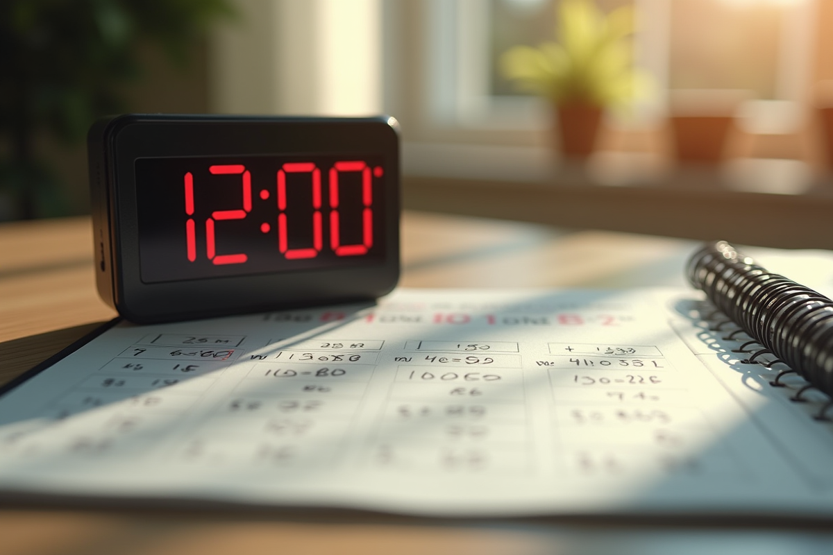 Minutemètre numérique avec carnet et calculs écrits à la main