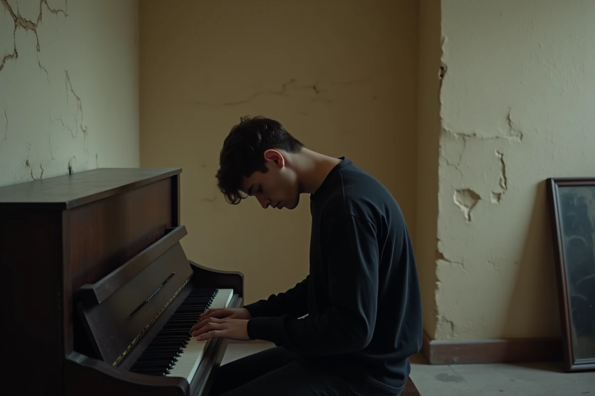 Musicien seul au piano dans une salle vieillissante symbolisant les démons intérieurs et la vulnérabilité des paroles d'Imagine Dragons