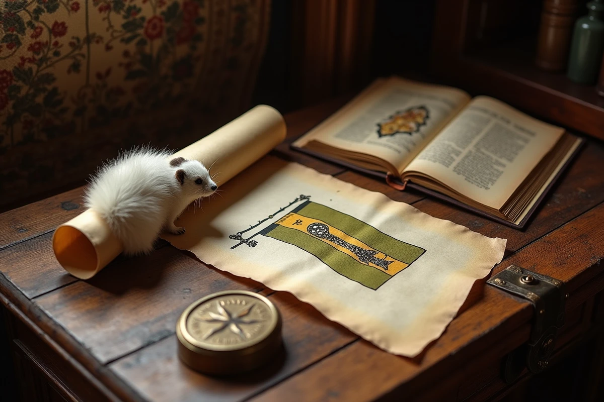 Nature morte historique avec drapeau breton hermine, parchemin et hermine naturalisée sur table en chêne