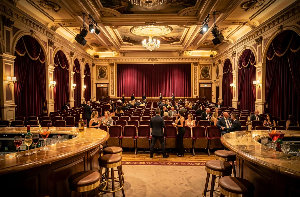 Salle de spectacle et réception du Pasino à Hyères avec scène à rideaux velours et espace cocktail élégant