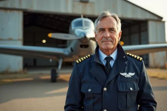 Pilote en uniforme devant un avion à hélice sur un aérodrome régional français, évoquant les débuts dans l'aviation