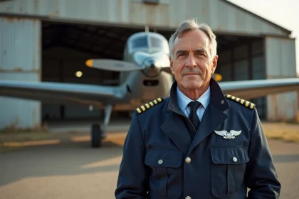 Pilote en uniforme devant un avion à hélice sur un aérodrome régional français, évoquant les débuts dans l'aviation