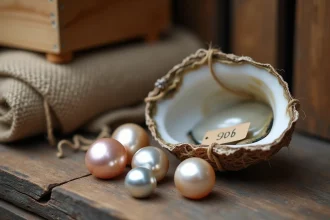 Perles huîtres de différentes teintes avec étiquettes de prix sur une surface en bois de marché