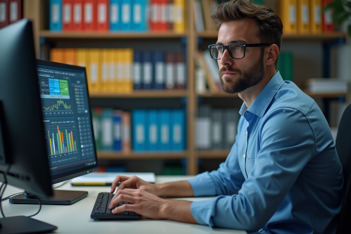 Personne confiante utilisant un ordinateur avec interface ERP