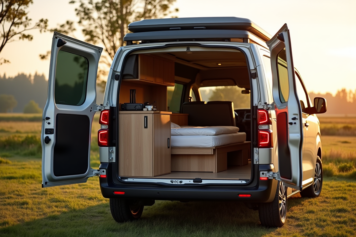 Peugeot Expert aménagé en camping avec lit et cuisine