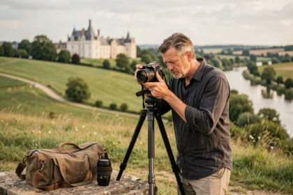 Photographe professionnel dans la Loire avec son matériel devant un paysage de châteaux et de collines verdoyantes