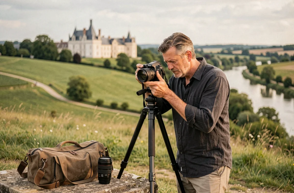 Photographe professionnel dans la Loire avec son matériel devant un paysage de châteaux et de collines verdoyantes