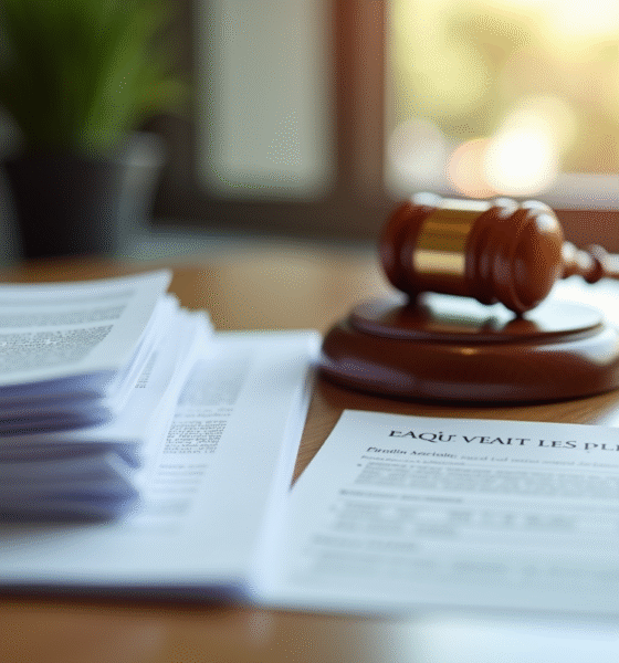 Gros plan sur des documents juridiques français et un marteau de juge