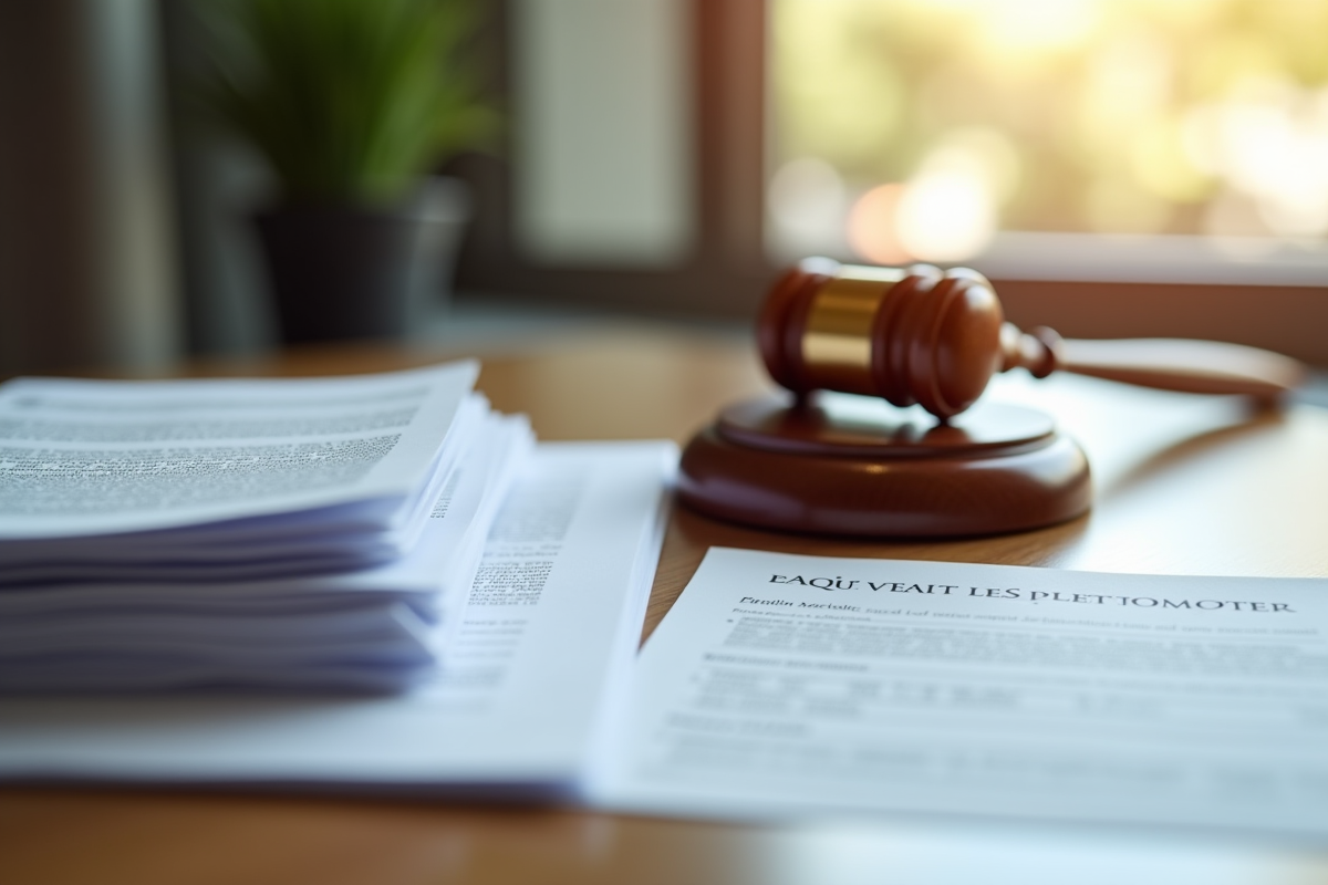 Gros plan sur des documents juridiques français et un marteau de juge