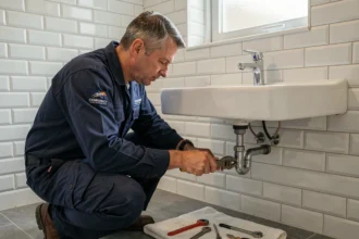 Plombier d'urgence professionnel réparant une fuite sous un évier dans un appartement du Grand Est