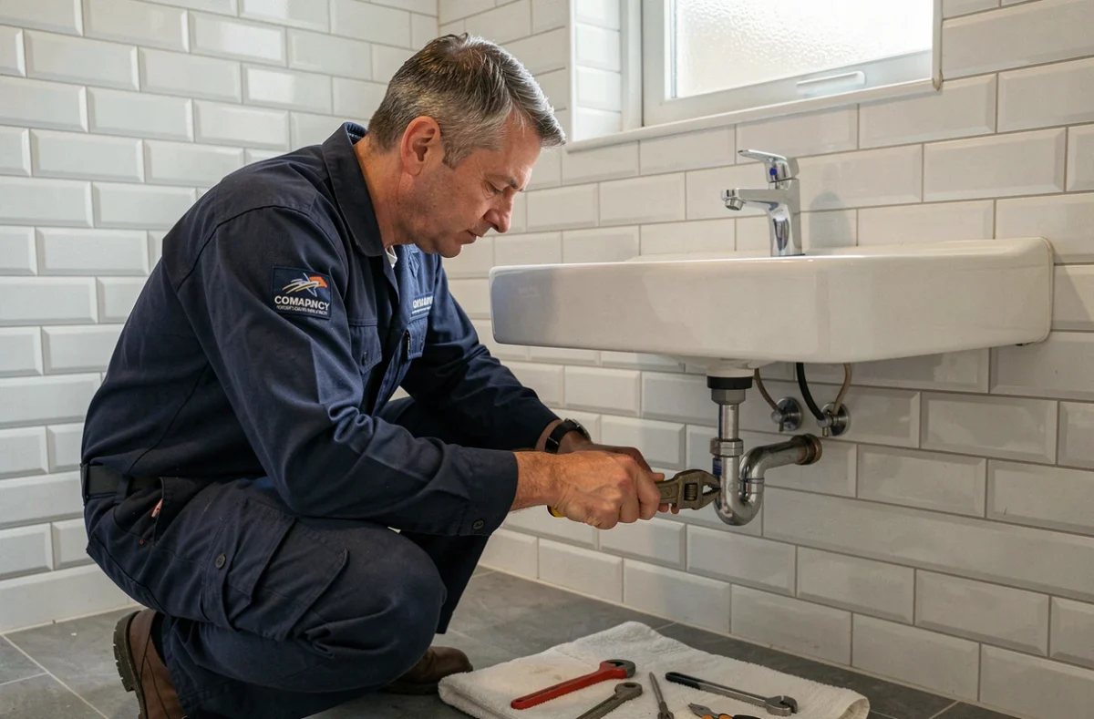 Plombier d'urgence professionnel réparant une fuite sous un évier dans un appartement du Grand Est