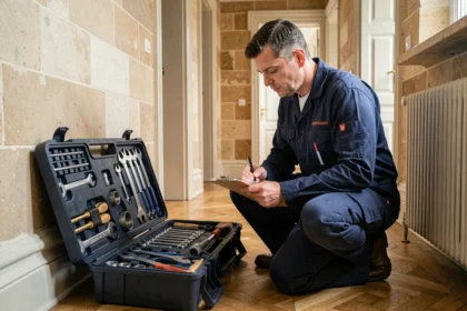 Un plombier professionnel en uniforme bleu marine agenouillé dans un couloir d'appartement dijonnais, avec une boîte à outils ouverte et des détails architecturaux bourguignons en arrière-plan