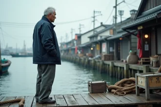 Pêcheur japonais sur un quai de port traditionnel au Japon, contemplant les bateaux amarrés