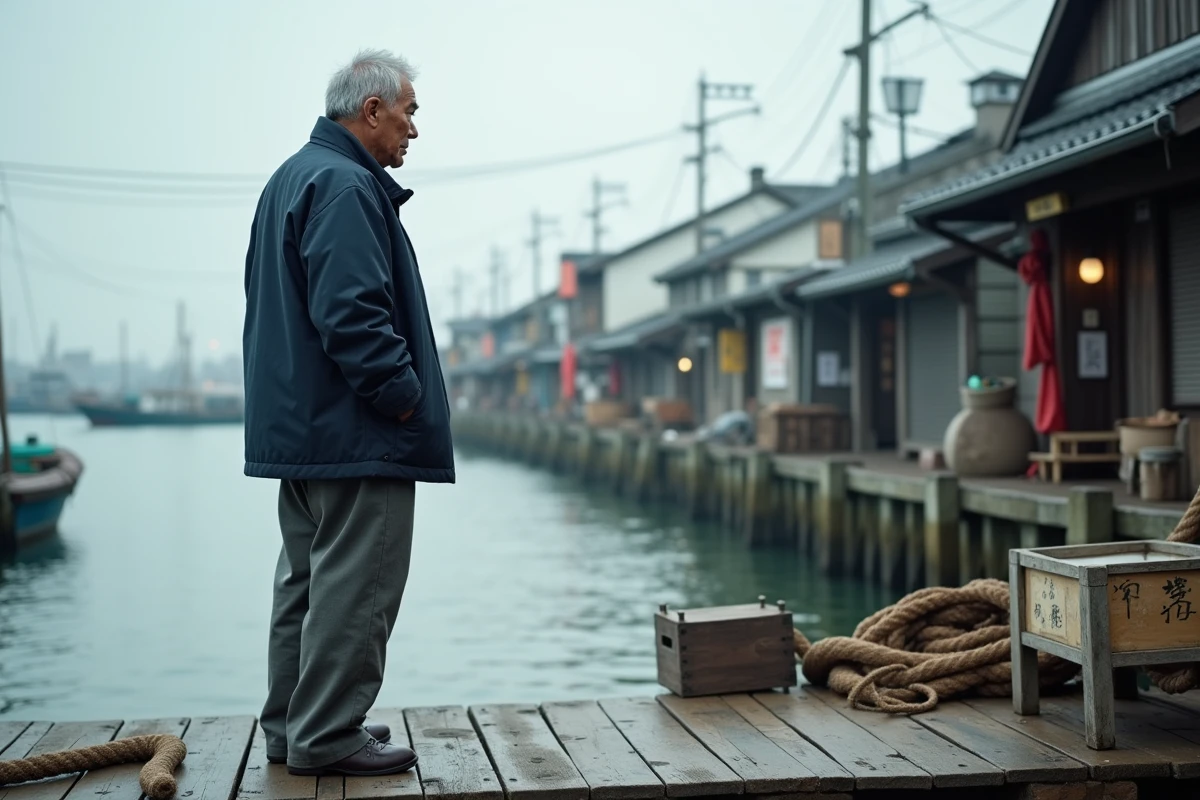 Pêcheur japonais sur un quai de port traditionnel au Japon, contemplant les bateaux amarrés