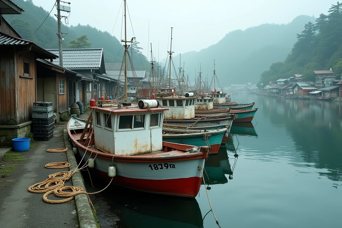 Port de pêche japonais traditionnel avec bateaux colorés amarrés sur un quai en béton
