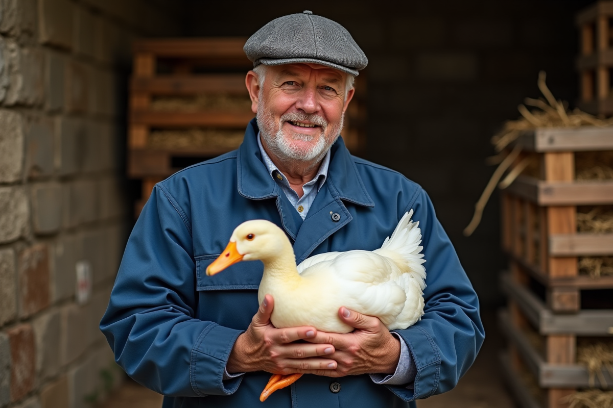 Producteur de foie gras en ferme rustique avec canard