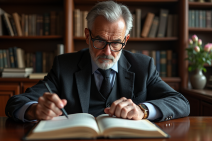 Professeur âgé étudiant un livre de sociologie dans son bureau