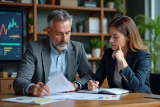 Homme et femme en réunion de travail dans un bureau professionnel