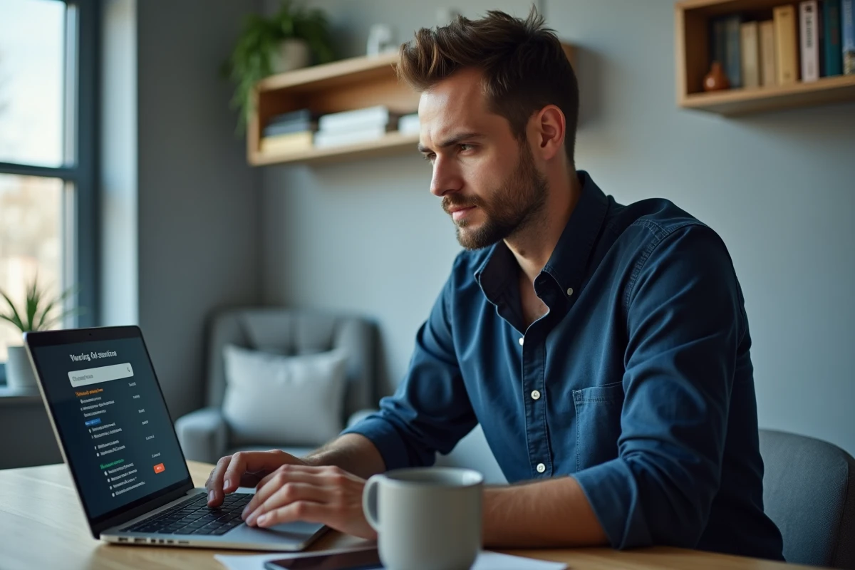 Homme utilisant un site de pages blanches inversées sur ordinateur portable pour identifier un numéro inconnu