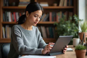 Femme ajustant les réglages d'un magazine numérique sur tablette dans un bureau à domicile