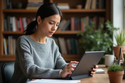 Femme ajustant les réglages d'un magazine numérique sur tablette dans un bureau à domicile