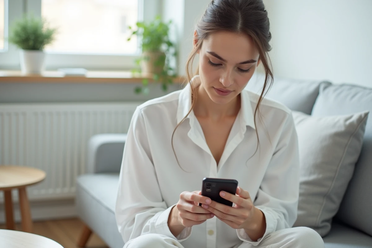 Jeune femme vérifiant les réglages de notification d'une application de magazine sur smartphone dans un salon minimaliste